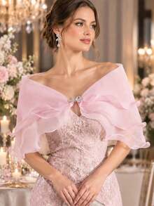 1 buah Selendang Lengan Pendek Berenda, Selendang Pernikahan Pantai, Cocok untuk Gaun Pengantin, Gaun Malam, Cheongsam, Organza Berumbai 3 Lapis dengan Pita - MultiWarna - View 10