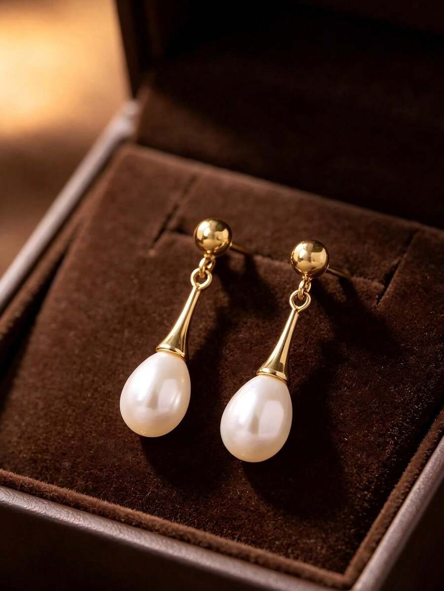 1 Pair Water Drop Pearl Earrings, 14K Gold Plated, Bridal Wedding Accessory, Suitable For Holiday Gift - Gold - View 1