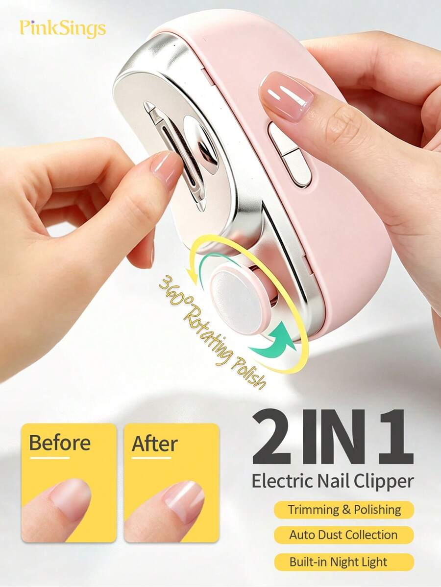PinkSings Electric Nail Clipper, Suitable For Elderly People, 3-In-1 Rechargeable Automatic Nail Trimmer With LED Light And Polishing Function, Suitable For Infants, Children And Elderly - Pink - View 1