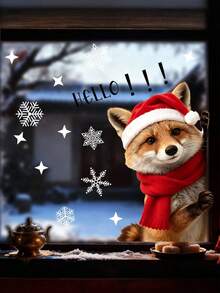 1PC Christmas Glass Sticker, With Snowflake, Red Hat And Scarf Fox Print Pattern, Reusable Removable Xmas Window Decals For Holiday Home Decor, Christmas Decoration, Mirror Decoration - Multicolor - View 5