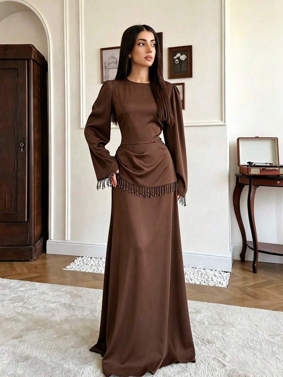 Women's Minimalist Elegant Tassel Detail Waist-Cinched Dress