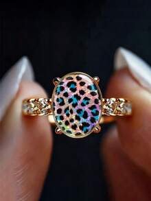 Women's Colorful Leopard Print Oval Personalized Ring, Gold Tone Transparent Rhinestone Decor Fashion Ring, Multi-Color Animal Print Cocktail Jewelry, Suitable For Party, Daily Wear And Gift - Multicolor - View 6