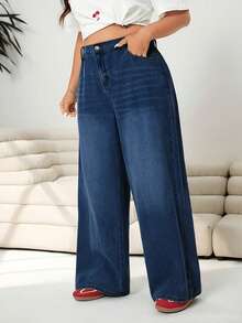 Plus Size Straight Leg Wide Leg Women's Jeans, Solid Color Denim Fabric Washed Denim Straight Leg Wide Leg Jeans, Suitable For Daily, Holiday, College, All Seasons - Blue - View 2