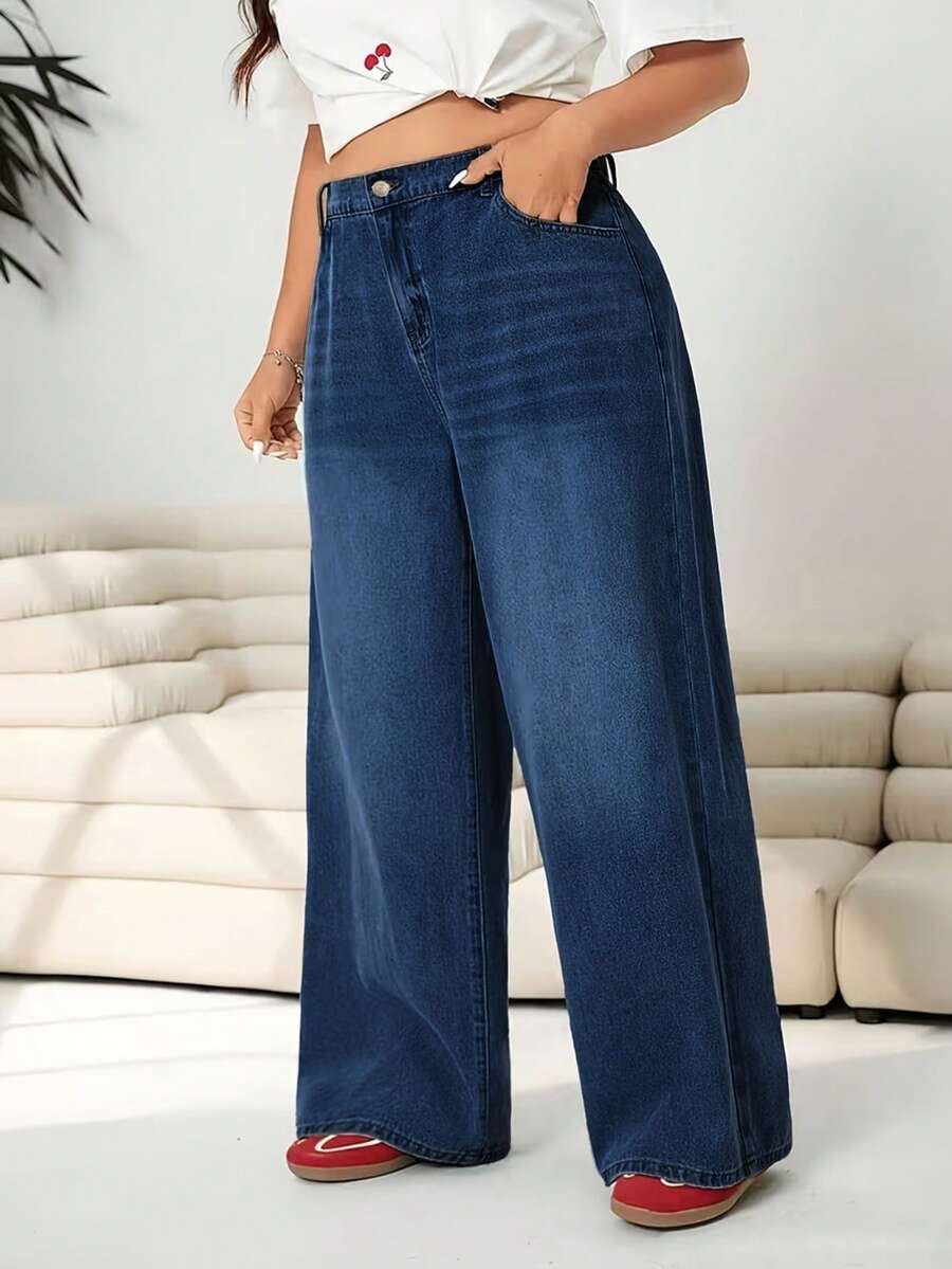 Plus Size Straight Leg Wide Leg Women's Jeans, Solid Color Denim Fabric Washed Denim Straight Leg Wide Leg Jeans, Suitable For Daily, Holiday, College, All Seasons - Blue - View 1