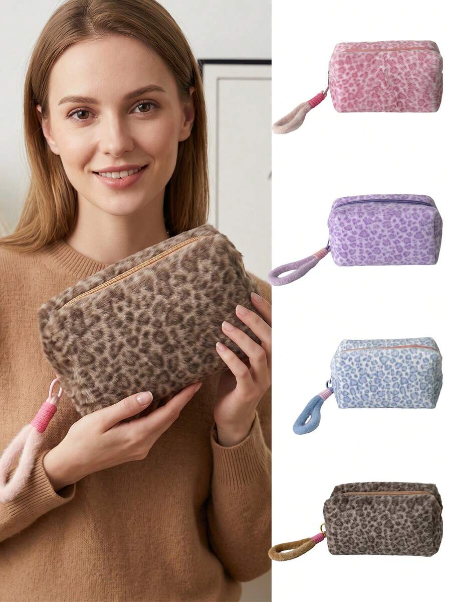 Leopard Print Plush Makeup Bag, Portable Large Capacity Storage Bag With Handle, Soft Plush Toiletries Organizer Bag, Miscellaneous Storage Bag - Multicolor - View 1