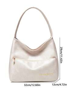 Women's Solid Color Faux Leather Letter Print Zipper Pocket Shoulder Bag, Minimalist Casual Everyday Handbag - White - View 4