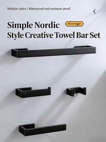 1pc Thick Square Tube Stainless Steel Bathroom Storage Hanging Rack, Towel Ring, Toilet Paper Holder, Bathroom Hook, Towel Storage Bar - Black - View 1