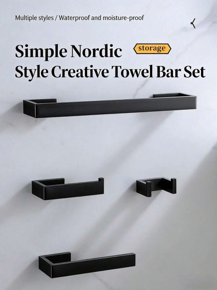 1pc Thick Square Tube Stainless Steel Bathroom Storage Hanging Rack, Towel Ring, Toilet Paper Holder, Bathroom Hook, Towel Storage Bar - Black - View 1