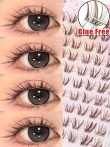 80 Clusters Self-Adhesive C Curl Glue-Free False Eyelashes, Transparent Eyelash Band, Cartoon Style Brown Eyelash Clusters, Suitable For Daily Wear, Weddings, Dates, Parties, Music Festivals And Various Occasions - C - View 1