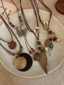 Set Kalung Tali Kulit Gaya Bohemian 4 Buah dengan Liontin Kayu & Tembaga, Aksesori Ringan Vintage Serbaguna untuk Musim Gugur/Dingin, Hadiah Sempurna - MultiWarna - View 7