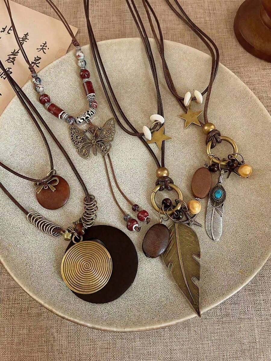4pcs Bohemian Style Wooden & Copper Pendant Leather Cord Necklace Set, Lightweight Vintage Autumn/Winter Versatile Accessory, Perfect Gift