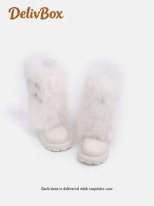 2026 Winter Girls' Plush Mid-Calf Boots, Long Fur Upper With Double Metal Buckle Decor, Round Toe, Thick Serrated Non-Slip Sole, Warm Snow Boots, Sweet & Cool Style, Daily Wear, Outdoor, Photo Outfit, Mid-Calf Kids' Shoes - Beige - View 2