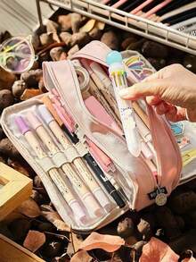 1pc Large 3-Compartment Pencil Case, Multi-Function Double Zipper Stationery Storage Bag, Desktop Organizer, Creative Makeup Bag, Back To School Student Supplies, Educational Gift - Single Piece - View 7