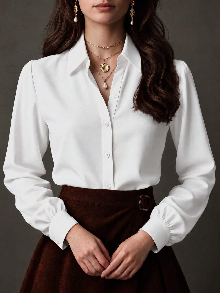 Plus Size Elegant French Style Solid Color Long Sleeve Blouse, All Season Versatile Casual Women's Shirt, White - White - View 1