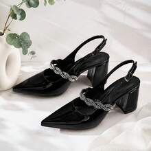 Women's Black Pointed Toe Slingback High Heels, Twisted Rhinestone Decor Strap With Chunky Square Heel, Elegant Evening Dress Pumps - Black - View 6