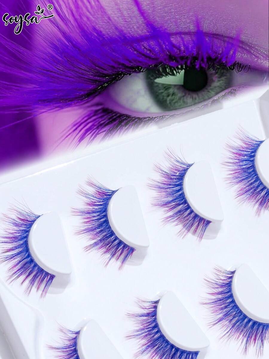 5 Pairs Colorful Eyelashes, Tapered Cartoon Style, Blue To Purple Gradient, 3D Stereoscopic Holiday Atmosphere For Christmas And Halloween - Multicolor - View 1