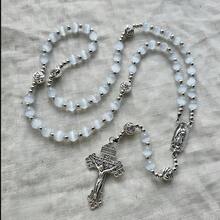 Catholic Rosary Necklace, White Stone Beads Material, With St. Benedict Medal And Cross, Unisex - Cat Eyes - View 1
