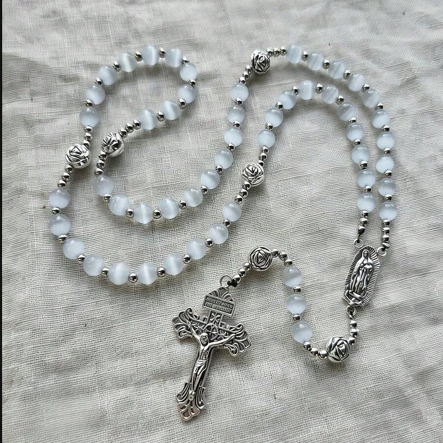 Catholic Rosary Necklace, White Stone Beads Material, With St. Benedict Medal And Cross, Unisex - Cat Eyes - View 1