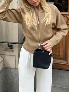 Women's Casual Daily Commute Elegant Minimalist Solid Color Small Fitted Slimming Long Sleeve Cardigan Sweater, Autumn/Winter - Camel - View 5