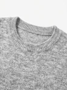 Women's Fall Winter Heather Grey Fuzzy Soft Knit Crew Neck Lantern Sleeve Mini Sweater Dress, Oversized Slouchy Casual Daily Office Commute Wear - Grey - View 8