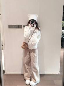 Sweet Polka Dot Knit Patchwork Long Sleeve Padded Coat - White - View 5