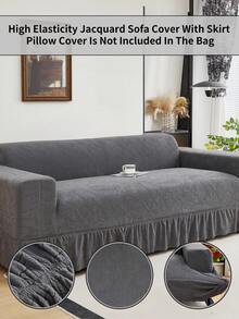 1PC Elastic Skirt Sofa Cover, Plant Leaf Pattern, Easy Installation, Pet Scratch Resistant, Decorate Living Room, Decorate Sofa, Single Seat, Two Seater, Three Seater, Four Seater Sofa Cover, Full Coverage With Skirt - Dark Grey - View 1