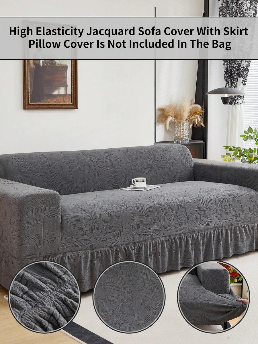 1PC Elastic Skirt Sofa Cover, Plant Leaf Pattern, Easy Installation, Pet Scratch Resistant, Decorate Living Room, Decorate Sofa, Single Seat, Two Seater, Three Seater, Four Seater Sofa Cover, Full Coverage With Skirt - Dark Grey - View 1