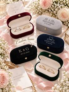 Personalized Oval Velvet Ring Box, Customizable Name And Date, Oval Double Ring Box, Suitable For Wedding, Engagement, Proposal, Bridal Party Gift - Multicolor - View 7
