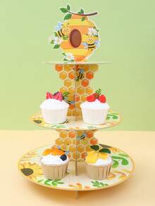 1Set Little Bee Theme Paper Cupcake Stand, First Bee Day Honeycomb Sunflower Dessert Tower, Baby Cake Display Stand, Home Decor, Table Decor, First Birthday Decor, Gender Reveal Decor, Baby Shower Supplies, Boy/Girl Birthday Party Supplies, Party Favors - Bee - View 9