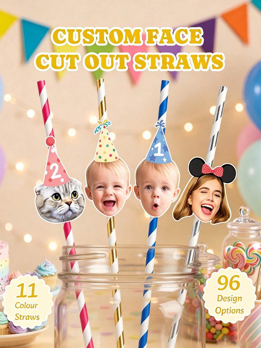 Custom Photo Face Straws, Personalized Party Favors, Suitable For Birthday, Bachelorette Party, Groom And Any Celebration, Funny Gag Gift, Straw Decorative Topper - Multicolor - View 1