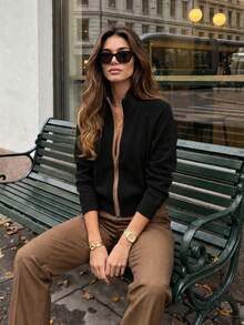 Women's Autumn Stand Collar Zipper Knit Cardigan, Raglan Long Sleeve Slim Fit Solid Color Casual Short Sweater Jacket - Black - View 6
