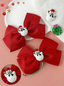 2Pcs Christmas Solid Color Grosgrain Ribbon Bow Hair Barrettes, Cute 3D Snowman Patch Big Bow Hair Clips, Festive Holiday Hair Accessories For Girls - Snowman Style - View 12