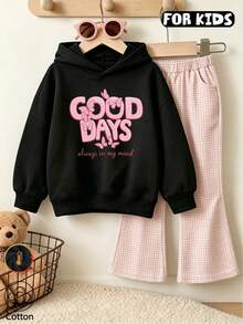 Tween Girls Good Days Letter & Pink Butterfly Print Sweatshirt, Long Sleeve Casual Pullover Hooded Sweatshirt - Black - View 1
