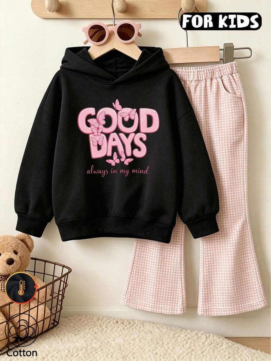 Tween Girls Good Days Letter & Pink Butterfly Print Sweatshirt, Long Sleeve Casual Pullover Hooded Sweatshirt - Black - View 1