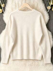 Plus Size Women's Faux Sweater, French Style Raglan Sleeve Raglan Sleeve Plush Knit, White Color For Autumn/Winter Back To School Daily And Holiday Wear - White - View 2