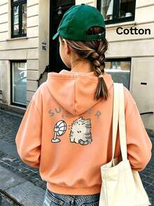 Autumn Loose-Fit Melon Orange Hooded Sweatshirt For Girls, Cute Cartoon Style, Fan And Cat Pattern, Letter Print - Hami Melon Orange - View 1