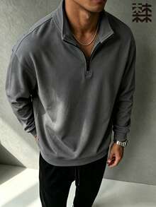 mulinsen Men's Solid Color Half-Zip Stand Collar Sweatshirt, Drop Shoulder Long Sleeve Top, Minimalist Commuter Casual Style - Dark Grey - View 4
