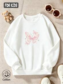 Girls' Sweet Pink Butterfly & Star Print Pullover Sweatshirt, Loose Fit Long Sleeve Crew Neck Top - White - View 2
