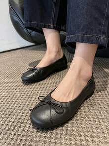 1 Pair Women's Black Bow Soft Sole Ballet Shoes With Ruched Lace Trim, Slip-On Loafers, Fashion Commuter Flat Shoes - Black - View 8