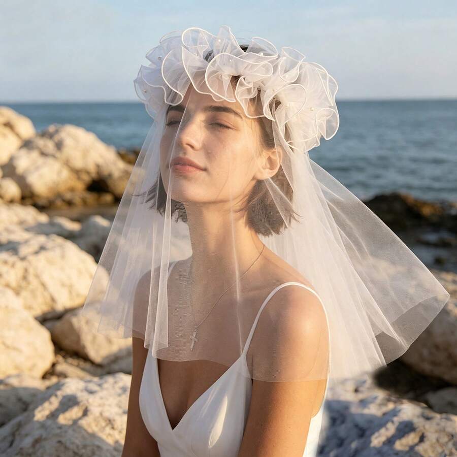 1 buah Kerudung Organza Bertepi Gulung dengan Manik-manik dan Hiasan Tulle Gaya Prancis Vintage, Aksesori Penataan Foto Pernikahan untuk Fotografi Perjalanan - Warna gambar - View 1