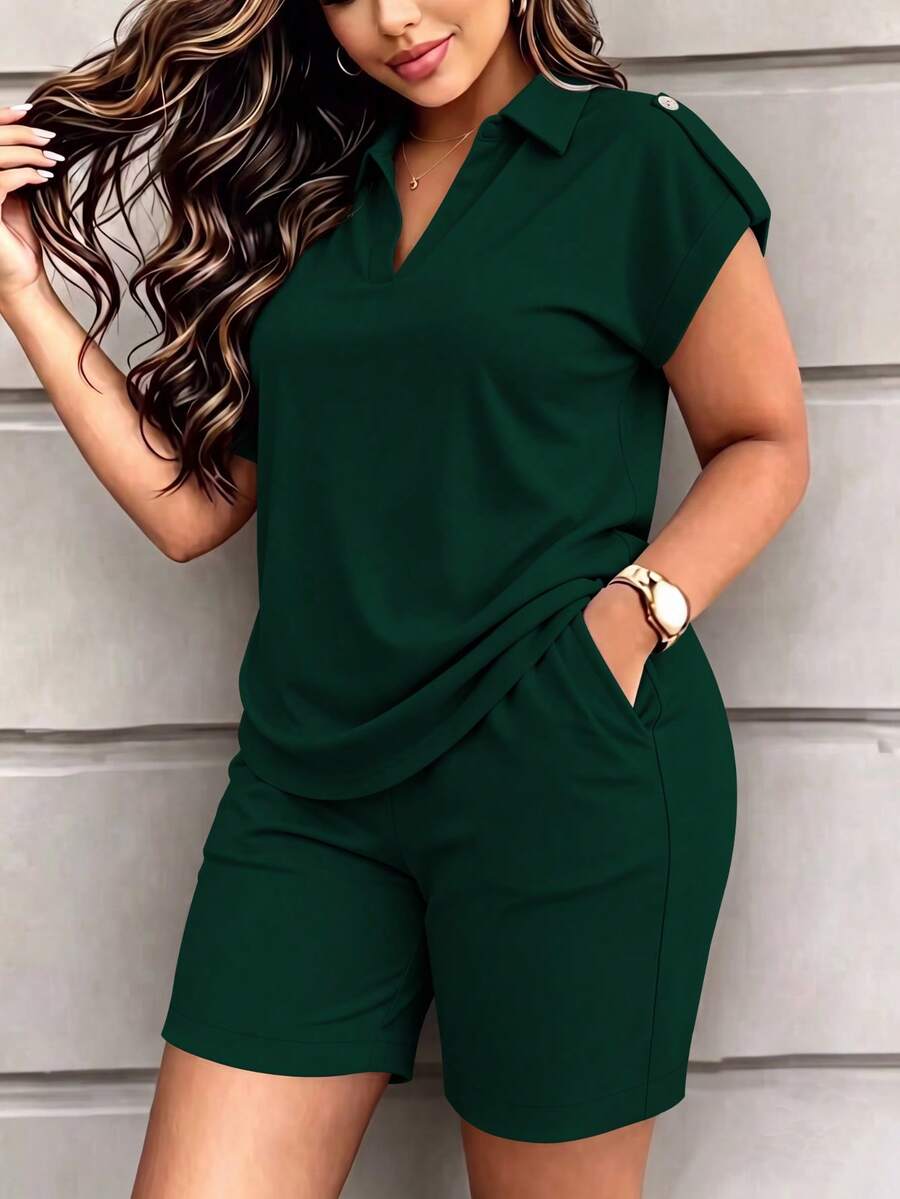 Spring Summer Autumn Women's New Fashion 2-Piece Casual Set, Solid Color Short Sleeve Top With Heart Print Shorts, Spring Break Outfit Elegant - Dark Green 37 - View 1