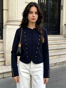 DEEKA Cardigan Rajut Kancing Depan Gaya Eropa & Amerika Terbaru untuk Wanita, Musim Gugur, Modis, Minimalis, Serbaguna - Navy Blue - View 2