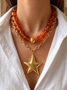2/1pc Vintage Elegant Fashion Hip Hop Bohemian Vacation Style Maillard Color Palette Brown Coffee Patchwork Gold Yellow Ball Resin Acrylic Irregular Oval Square Beaded Layered Exaggerated Hollow Chain Large Five-Point Star Pendant Necklace Set Personalized Exaggerated Y2K Layered Y-Chain Sweater Chain Suitable For Women Summer Beach Vacation Party Music Festival Date Gift Daily Wear Versatile - Multicolor - View 4