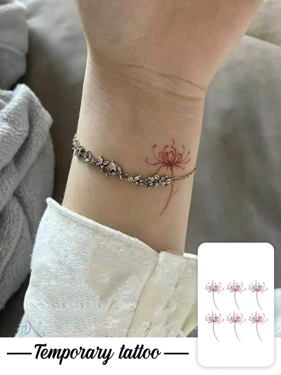 1pc Temporary Tattoo, Red Line Art Lycoris Radiata Pattern, Realistic Fake Tattoo Design, For Daily, Bachelorette Party Favors, Music Festival, Game, Graduation Gift, Lasts 3-5 Days - Red - View 1