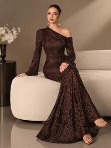 Elegant Burgundy Mermaid Long Sleeve Asymmetrical Sequin Dress, Women's Charming Formal Evening Gown With Ruched Details - Coffee Brown - View 1