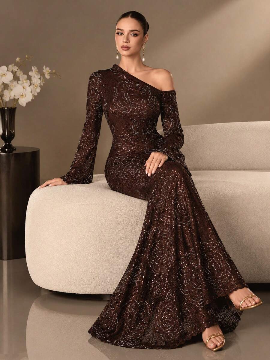 Elegant Burgundy Mermaid Long Sleeve Asymmetrical Sequin Dress, Women's Charming Formal Evening Gown With Ruched Details - Coffee Brown - View 1