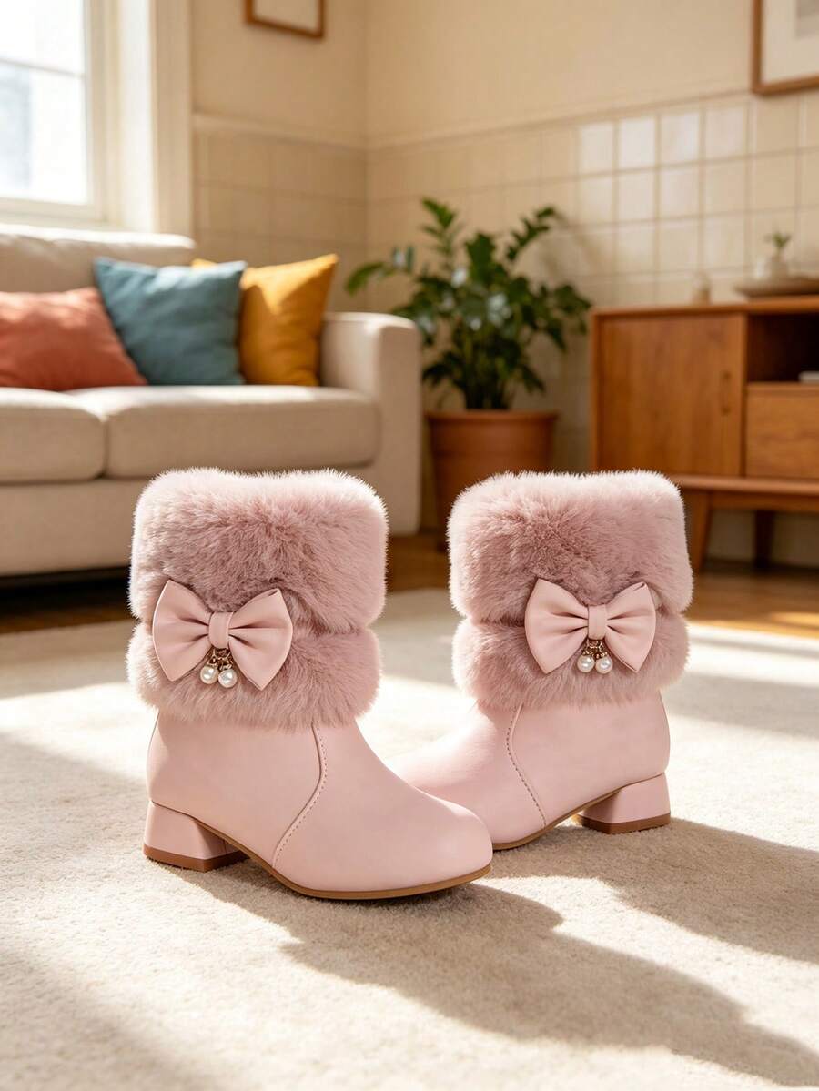Girls' Pink Sweet Princess Playful Party Style Anti-Freeze Warm Easy On/Off Pearl Bow Versatile Low Heel Casual Kids Boots