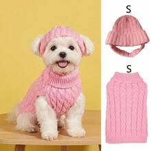Dog Sweater And Hat Set, Retro Cable Knit Winter Pet Clothes For Small Dogs, Warm Dog Outfit, Sweater Only Option Available - Pink - View 15