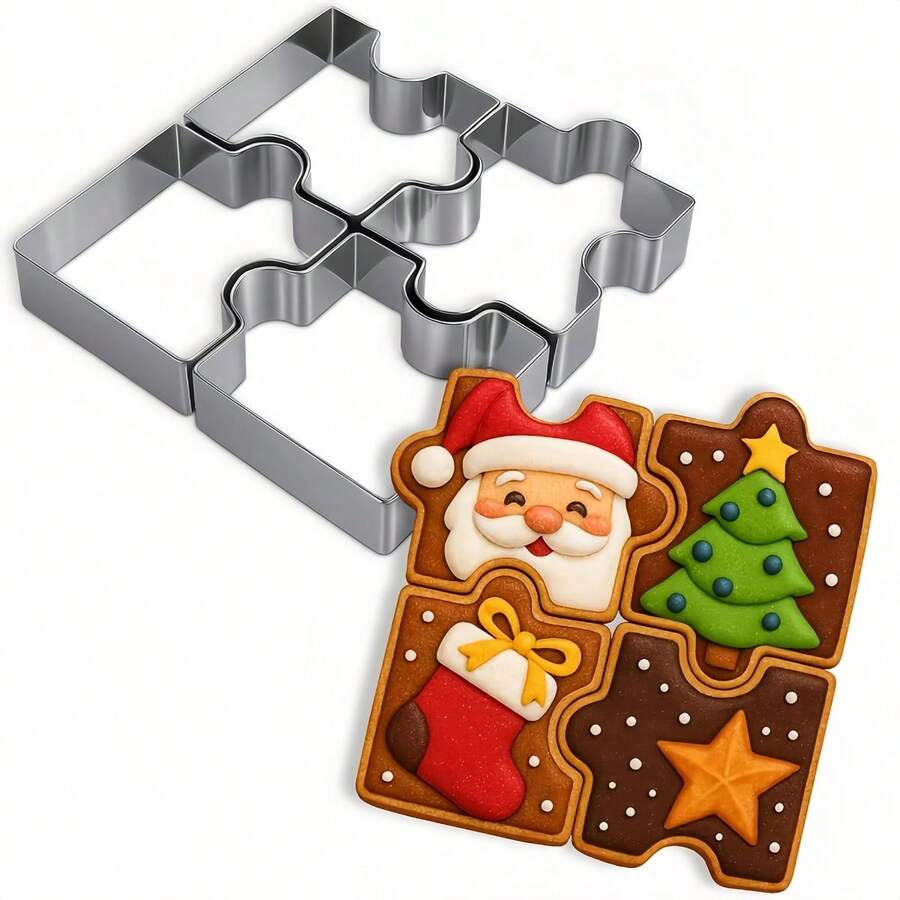 4Pcs Christmas Puzzle Shaped Cookie Cutters Set, Stainless Steel Interlocking Biscuit Molds For Xmas Party DIY Baking Fondant Fruit Chocolate Cake Decorating And Clay Craft Making
