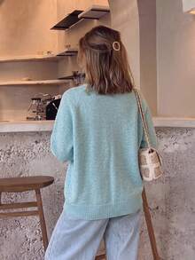 Women's Water Blue Basic Minimalist Knit Cardigan, V-Neck Old Money Style Cardigan, Autumn Outfit, Casual Style Outfit, Basic Style Outfit, Office Outfit. - Blue - View 9
